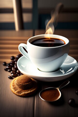 a cup of coffee and some cookies on a table, cup of coffee, steaming coffee, hot coffee, coffee, drink more coffee, celebration of coffee products,  