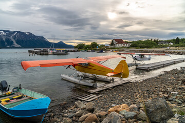 Sea planes and boats tied to shore platforms and floats with a small marina and mountain in the...