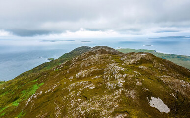 Panoramic view from Tully mountain Letter Hill at Connemara National Park in Ireland hiking trail