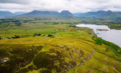 Panoramic view from Tully mountain Letter Hill at Connemara National Park in Ireland hiking trail