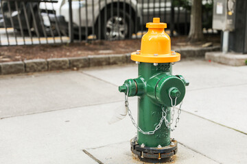 Vibrant urban symbol, fire hydrant on street embodies safety, readiness, and civic protection in...