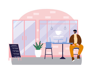 Coffee shop vector illistration. Coffee shop flat illustration. City cafe. Summer urban spring landscape. Flat design concept.
