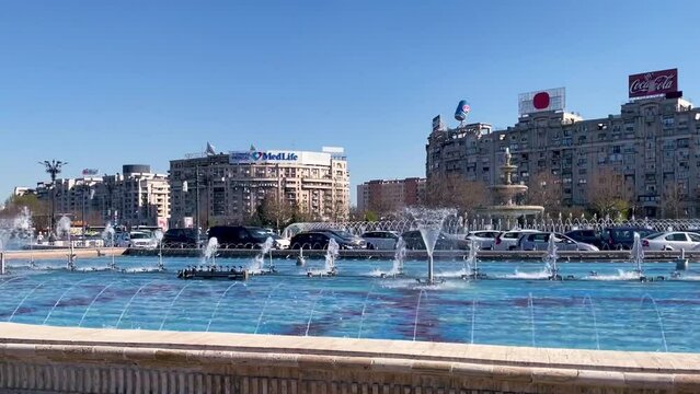 HD Video -View of the beautiful artesian water fountain known as Bucur's Fountain in Piata Unirii (Union’s Square) in Bucharest city center, Romania, Europe.