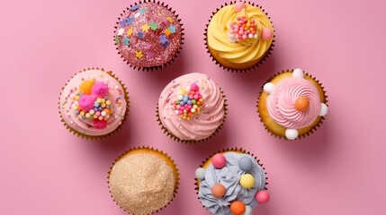 Illustration of a colourful assortment of cupcakes with vibrant sprinkles on a captivating purple backdrop created with Generative AI technology