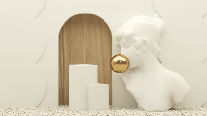 White arch podium display. Trendy minimal studio banner. Greek, roman goddess. Bust sculpture on pastel beige color background. Empty frame mockup, Artwork template in interior design. 3d render