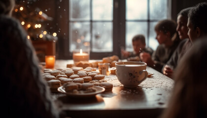A cozy winter gathering with family, friends, and sweet treats generated by AI