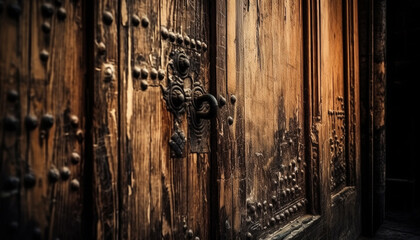 Rustic elegance ancient doorway with old fashioned lock and brass doorknob generated by AI