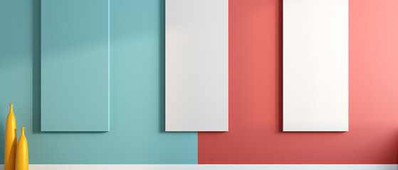 Three blank vertical light pastel panels, mockup of empty posters. Ai 3d artwork template in teal wall, minimalist stylish 3d illustration with copy space for photo, paintings, text advertising