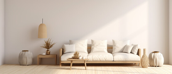 Beige couch in a minimalist decorated interior background,  minimal furniture in cosy and essential living room. Ai generated interior design. Empty wall for copy space