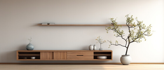 Minimalist and modern Japanese living room, vases resting on a brown wooden cabinet, shelf next to a plant, 3D rendering, minimalism, mix of Japanese and mid-century design, sideboard, ikebana. AI Art