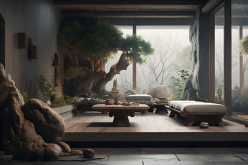 Asian luxurious wooden living room with large window, tree in the house, Japanese inspired bonsai poster, zen natural background, photo realistic, zen concept image. Oriental style - obrazy, fototapety, plakaty
