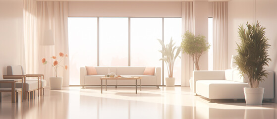 Living room with furniture and a large window, modernism, pink fog background, plants, smooth white surroundings, afternoon lighting, modern sofas, elegant clean design, commercial, warm color. AI