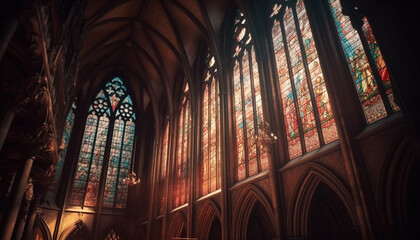 Medieval Gothic basilica with stained glass windows and majestic architecture generated by AI