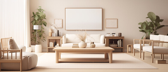 Modern living room interior, beige and white tones. A big blank frame on the wall for advertising or copy space. Oriental style interior design. Wooden asian vibes furniture. Ai generated, 3d render