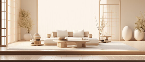 White oriental living room view, 3d rendering, minimalist Asian inspired furniture in light brown, essential room interior design organic wood, architectural zen inspiration from natural forms. Ai