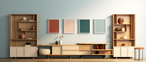 Presentation of modern Japanese furniture leaning against a pastel blue wall, minimalist, blank square frames, panels with red brown and blue pastel colours. AI, 3D rendering of shelves and sideboard