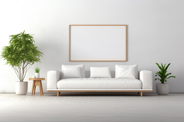 Blank horizontal light panels, mockup of empty framed posters. AI generated 3d artwork template, minimal interior design, white wall, minimalist modern living rooom with copy space,  track arm sofa