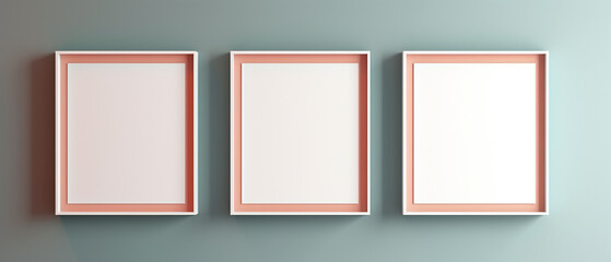 Three blank green square light pastel panels, mockup of empty framed posters. Ai 3d artwork template, minimal interior design, a earthy red wall, minimalist illustration with copy space and vases
