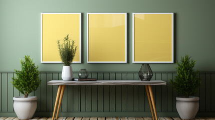 Interior design. Three blank yellow picture frame mockups on a pastel tea green wall. templates chic minimalist. Vase with plants on a table. Ai generated, copy space. fornitures