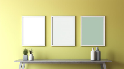 Three empty square frames on a wall. Pastel colours yellow and green. Gallery of frames. Mockup of empty framed poste. Copy space for advertising, sale of artwork, display of photographs, templates.