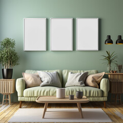 Elegant interior design. stylish living room with copy space, sofa, furniture. Blank vertical light panels, mockup of empty framed poster. Ai 3d template, light green pastel wall. wooden coffee table