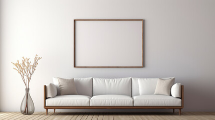 Blank horizontal light panels, mockup of empty framed posters. Ai 3d artwork template, minimal interior design, white wall, minimalist stylish living rooom with copy space, sofa, copy space - obrazy, fototapety, plakaty