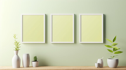 Three blank vertical light pastel panels, mockup of empty framed posters. Ai 3d artwork template, minimal interior design, a light green wall, minimalist stylish gallery with copy space and plants