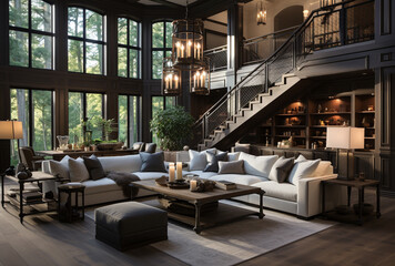 Living room filled with wooden furniture and lots of windows, in serene forest setting, elegant rustic loft in morning, interior design photography. Ai generated house with mezzanine and a big sofa