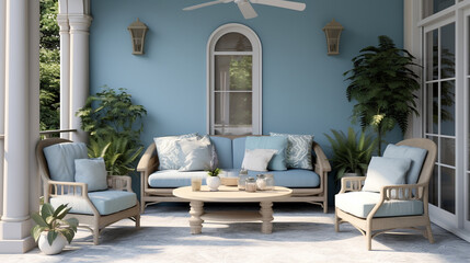 Elegant, cosy and contemporary porch, outdoor furniture for summer, wooden sofa and armchairs, coffee table. Cambridge blue and linen colours. Typical seaside home and furniture. AI 3d render patio