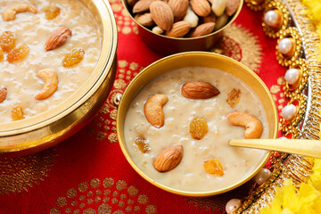 Rice Kheer Indian Sweet Payesh. Kerala Onam Payasam Palada Phirni dessert Mumbai India. Mithai festival sweet dish Diwali Dussehra Holi ganesh chaturthi Ram navami Durga pooja durga ashtami 