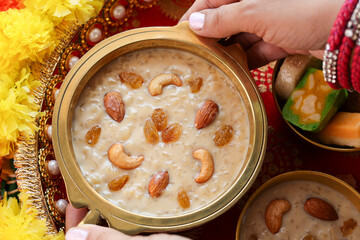 Rice Kheer Indian Sweet Payesh. Kerala Onam Payasam Palada Phirni dessert Mumbai India. Mithai...