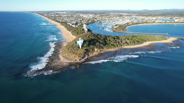 Buddina Foreshore Reserve, Beach, Point Cartwright Lighthouse And Mooloolah River In Queensland, Australia. - aerial