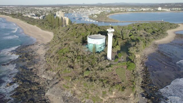 Point Cartwright Lighthouse On The Headland In Mooloolaba, Queensland, Australia. - aerial