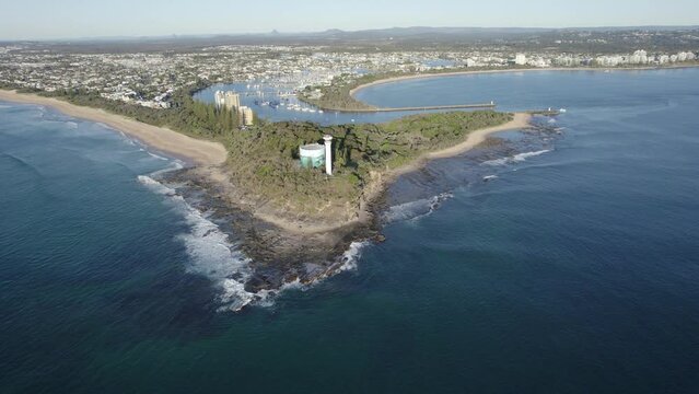 Point Cartwright Lighthouse, Beach and Mooloolah River In Summer In Sunshine Coast, QLD, Australia. - aerial