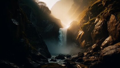 Majestic mountain peak, tranquil ravine, flowing water, stunning sunset generated by AI