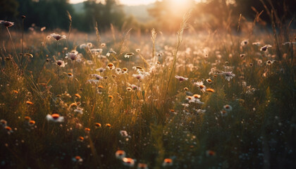 Vibrant wildflowers bloom in tranquil meadow at summer sunset generated by AI