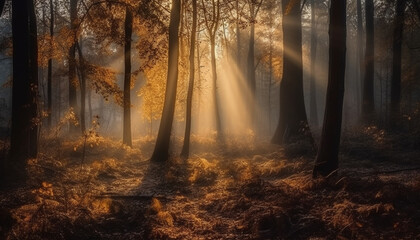 Fototapeta premium Tranquil autumn forest, mysterious beauty in nature, spooky coniferous tree generated by AI