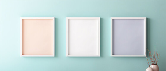Fototapeta na wymiar Three blank square light pastel panels, mockup of empty framed posters. Ai 3d artwork template in minimal interior design, a coloured wall, minimalist stylish illustration with copy space