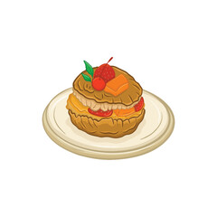 Pastry with strawberry and orange on the plate. Vector illustration.
