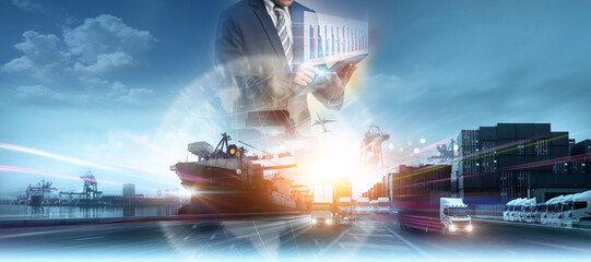 Businessman holding virtual interface panel of global logistics network distribution and transportation, Smart Global Logistics international delivery concept