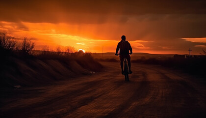 Fototapeta na wymiar Silhouette of one person cycling in back lit dusk outdoors generated by AI