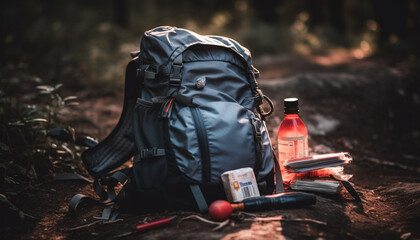 Backpacker hiking outdoors, adventure in nature forest, exploring with equipment generated by AI