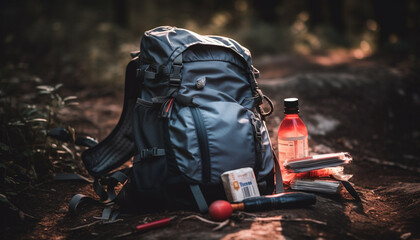 Obraz premium Backpacker hiking outdoors, adventure in nature forest, exploring with equipment generated by AI