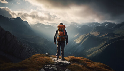 One person standing on mountain peak, backpack, enjoying majestic landscape generated by AI