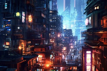 Fototapeta na wymiar Illustration portraying a cyberpunk-inspired cityscape. Generative AI technology.