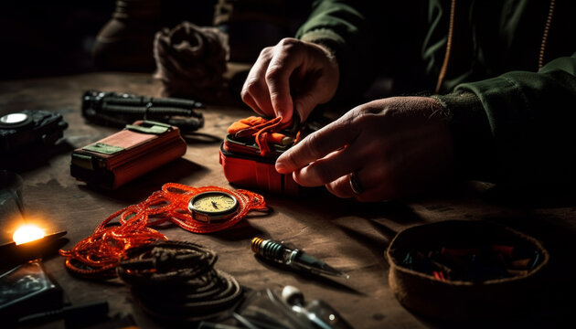 One person, male, holding leather shoe, repairing with work tool generated by AI