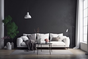interior background stylish cosy dark contemporary living room decor three-dimensional scandinavian indoor apartment. Generative AI.