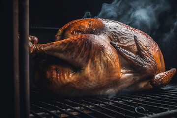 close up of a Turkey on an offset smoker, AI generated art, Generative AI, illustration,AI, illustration,
