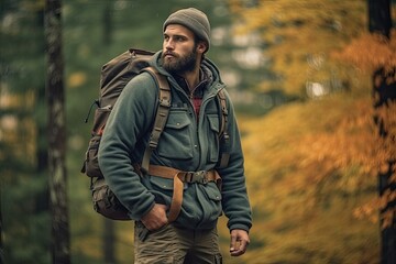 Obraz premium Handsome bearded man with backpack in the autumn forest. Travel and adventure concept