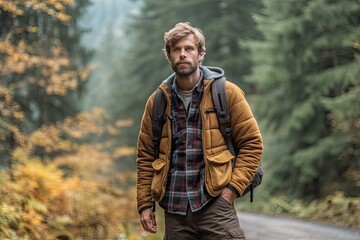 Handsome bearded man with backpack in the autumn forest. Travel and adventure concept
